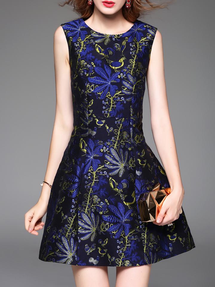 Romwe Navy Leaves Jacquard A-line Dress