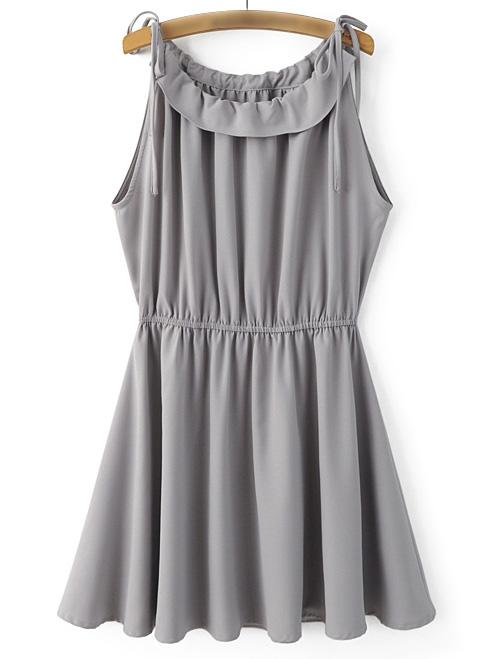 Romwe Grey Shoulder Self-tie Bow Elastic Waist Skater Dress