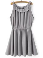 Romwe Grey Shoulder Self-tie Bow Elastic Waist Skater Dress