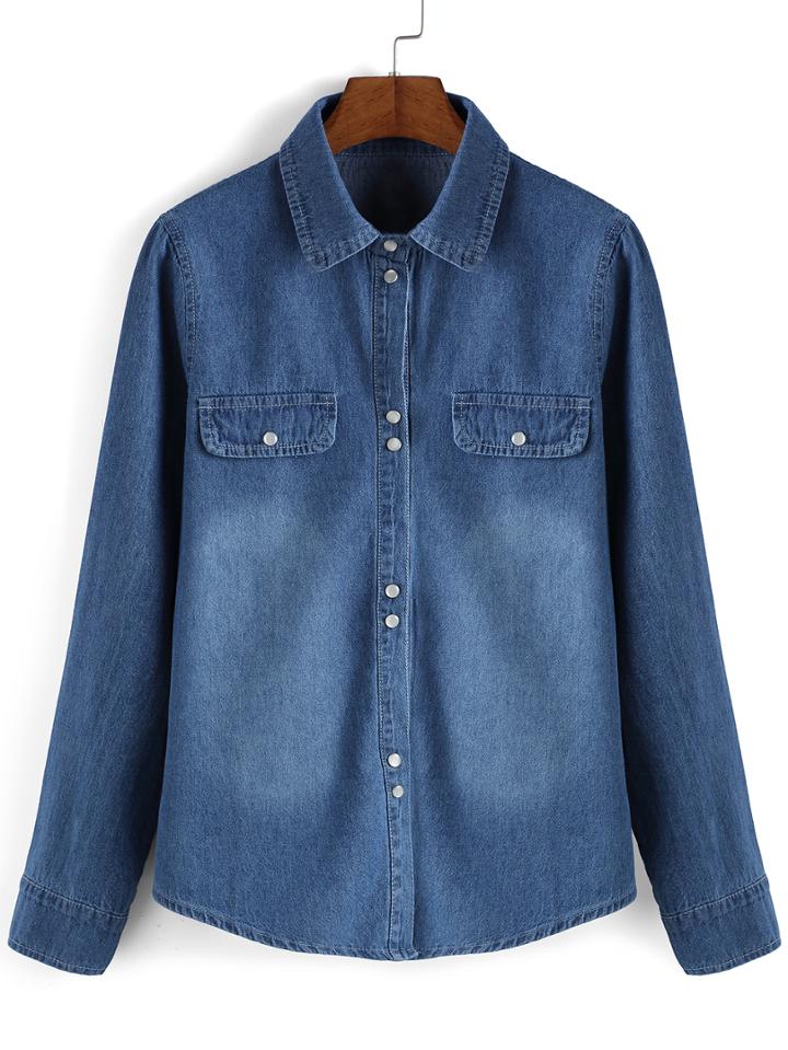 Romwe Lapel Pockets Buttons Denim Blouse