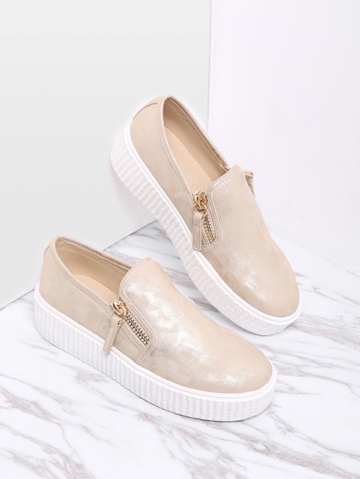 Romwe Gold Zipper Side Rubber Sole Flats
