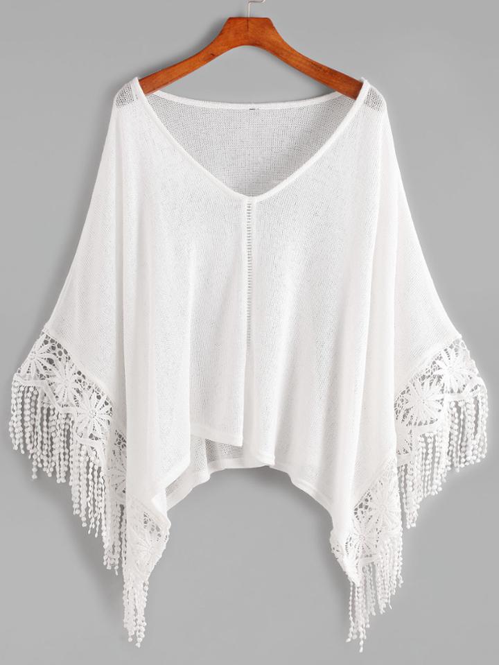 Romwe White V Neck Crochet Contrast Fringe Knitwear