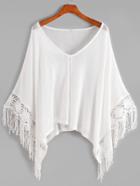 Romwe White V Neck Crochet Contrast Fringe Knitwear