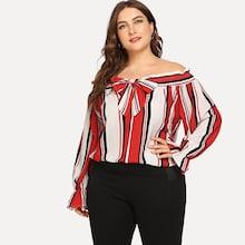 Romwe Plus Knot Front Striped Off Shoulder Blouse