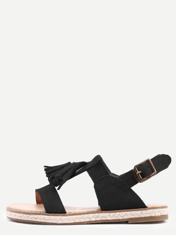 Romwe Black Open Toe Tassel Slingback Sandals