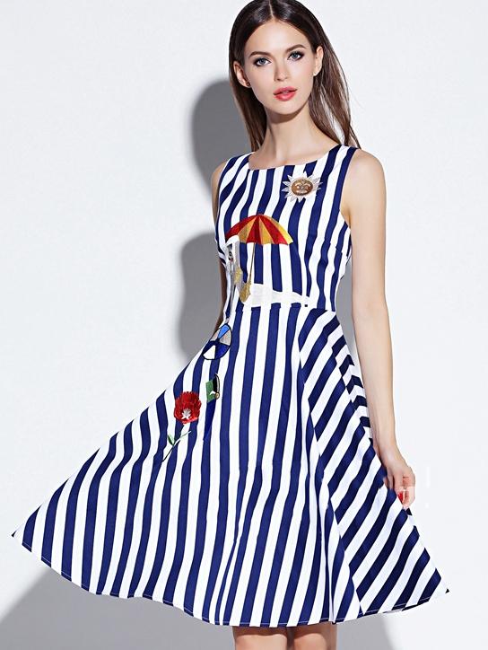 Romwe Blue Round Neck Sleeveless Embroidered Striped Print Dress