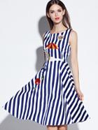 Romwe Blue Round Neck Sleeveless Embroidered Striped Print Dress