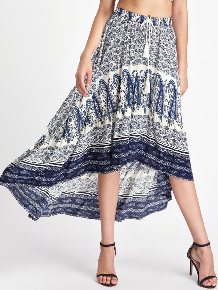 Romwe Tassel Tie Waist High Low Paisley Skirt