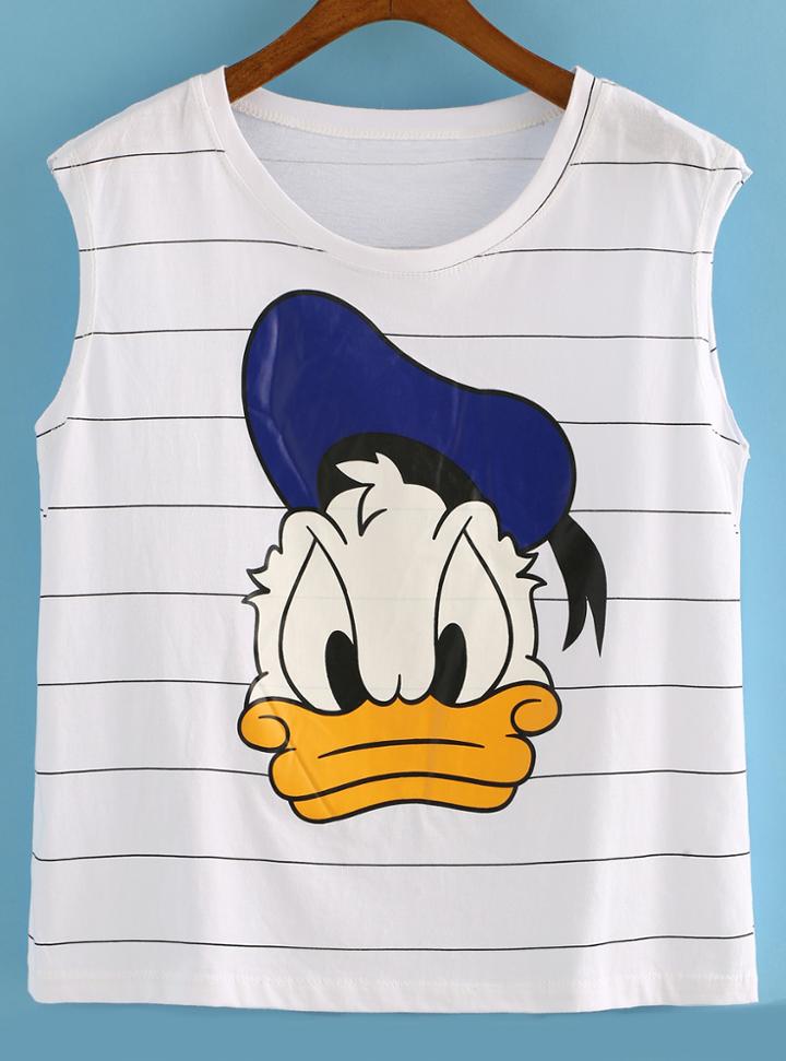 Romwe Duck Print Striped Tank Top