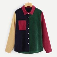 Romwe Cut And Sew Single Breasted Pocket Detail Corduroy Blouse