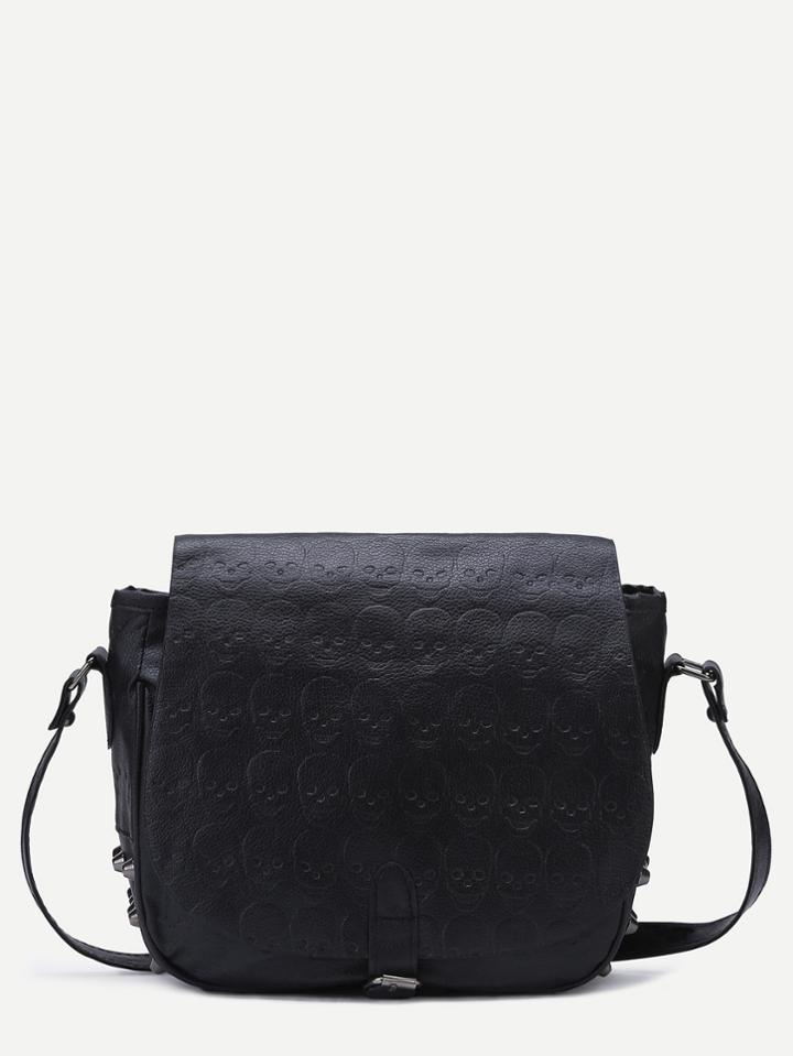 Romwe Black Skull Embossed Spiked Saddle Bag