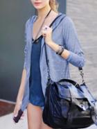 Romwe Hooded Long Sleeve Zipper Blue T-shirt