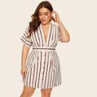 Romwe Plus Deep V-neck Striped Dress