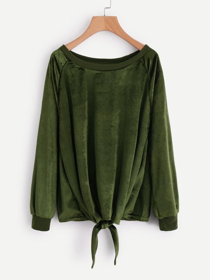 Romwe Knot Front Raglan Sleeve Velvet Sweatshirt