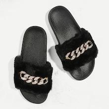 Romwe Faux Fur Rhinestone Decor Slippers