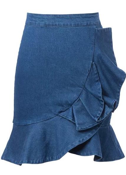 Romwe Navy Zipper Ruffle Denim Skirt