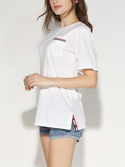 Romwe Red & Blue Stripe Pocket T-shirt - White