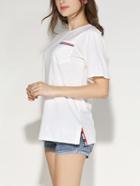 Romwe Red & Blue Stripe Pocket T-shirt - White