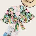 Romwe Tropical Print Flounce Sleeve Tie Front Blouse