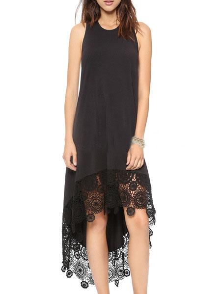 Romwe Black High Low Lace Insert Dress