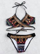 Romwe Tribal Print Ladder Cutout Wrap Bikini Set