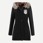 Romwe Patched Faux Fur Collar Hooded Parkas Coat