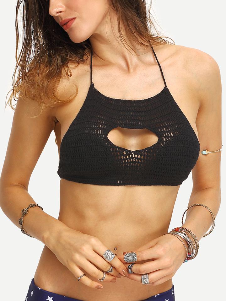 Romwe Halter Cutout Crochet Bikini Top