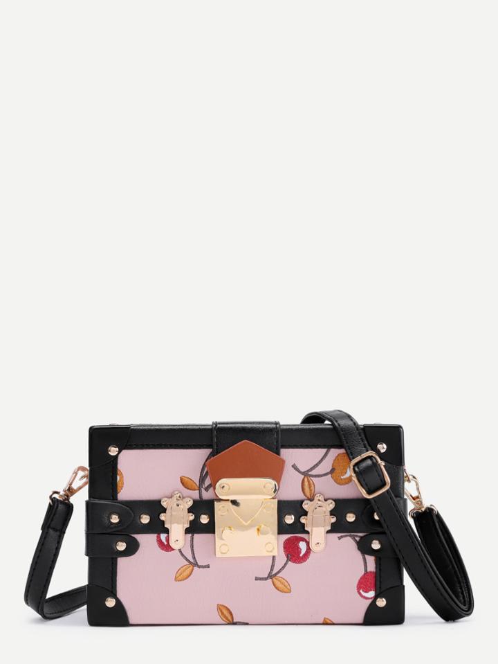 Romwe Cherry Embroidery Box Shaped Pu Shoulder Bag