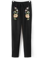 Romwe Black Flower Embroidery Drawstring Pants