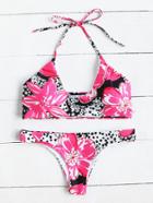Romwe Flower & Dot Print Halter Bikini Set