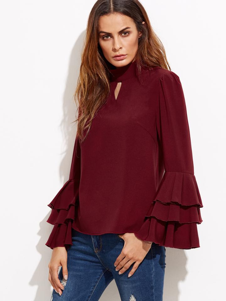 Romwe Keyhole High Neck Layered Bell Sleeve Blouse