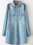 Romwe Lapel With Bead Pockets Denim Pale Blue Coat