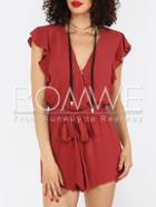 Romwe Red V Neck Tie Waist Ruffle Jumpsuit