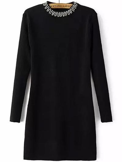Romwe Long Sleeve Beaded Sheath Black Sweater Dress