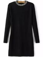 Romwe Long Sleeve Beaded Sheath Black Sweater Dress