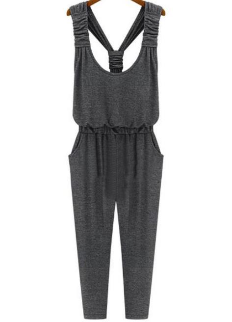 Romwe Strap Slim Pockets Grey Jumpsuit