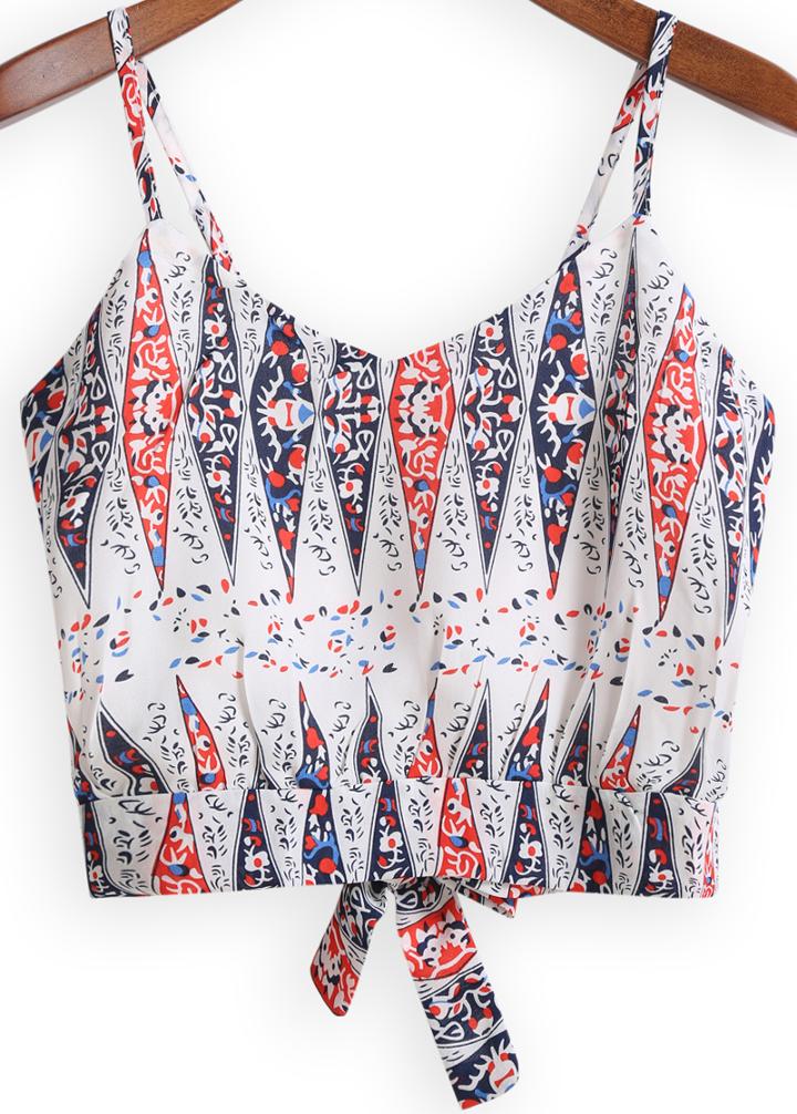 Romwe White Spaghetti Strap Tribal Print Bow Vest