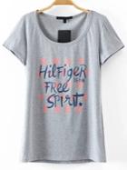 Romwe Grey Letter Print Loose T-shirt