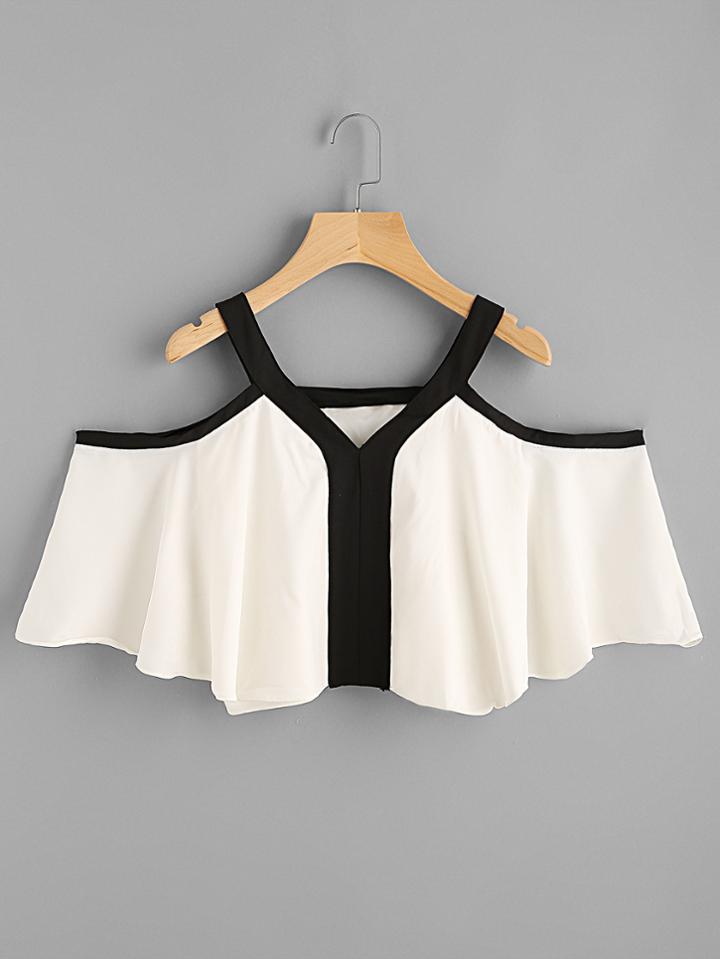 Romwe Open Shoulder Contrast Trim Crop Top