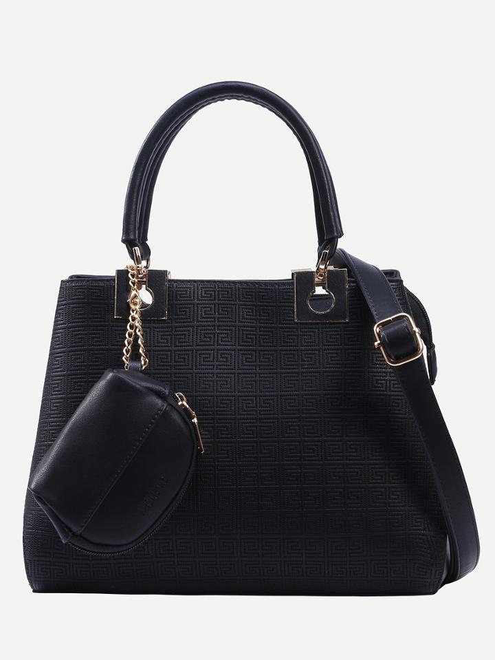 Romwe Black Embossed Faux Leather Metal Detail Satchel Bag