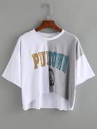 Romwe Letters Print Color Block Dip Hem White T-shirt