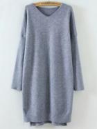 Romwe Grey V Neck Drop Shoulder Dip Hem Sweater Dress