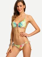Romwe Multicolor Floral Print Lace-up Bikini Set