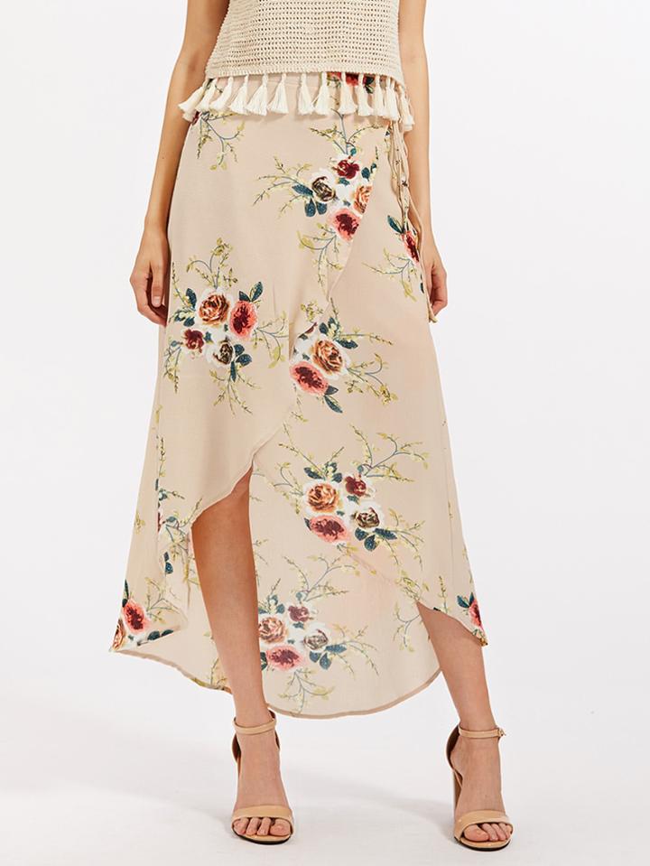 Romwe Florals Tie Detail Overlap Skirt