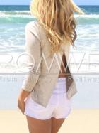 Romwe Apricot Long Sleeve Split Back T-shirt