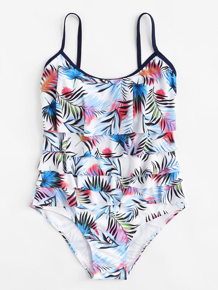 Romwe Leaf Print Layered Swimsuit