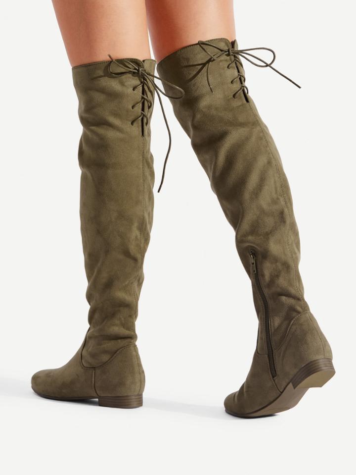 Romwe Back Lace Up Thigh High Flat Boots