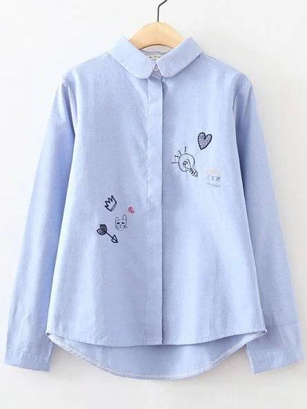 Romwe Blue Cartoon Embroidery Curved Hem Blouse