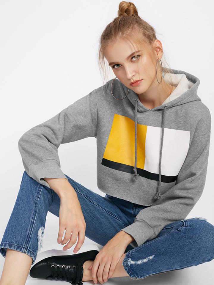 Romwe Cut And Sew Panel Drop Shoulder Crop Hoodie