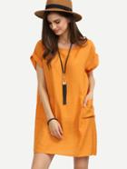 Romwe Orange Roll Sleeve Dual Pocket Oversized Dress